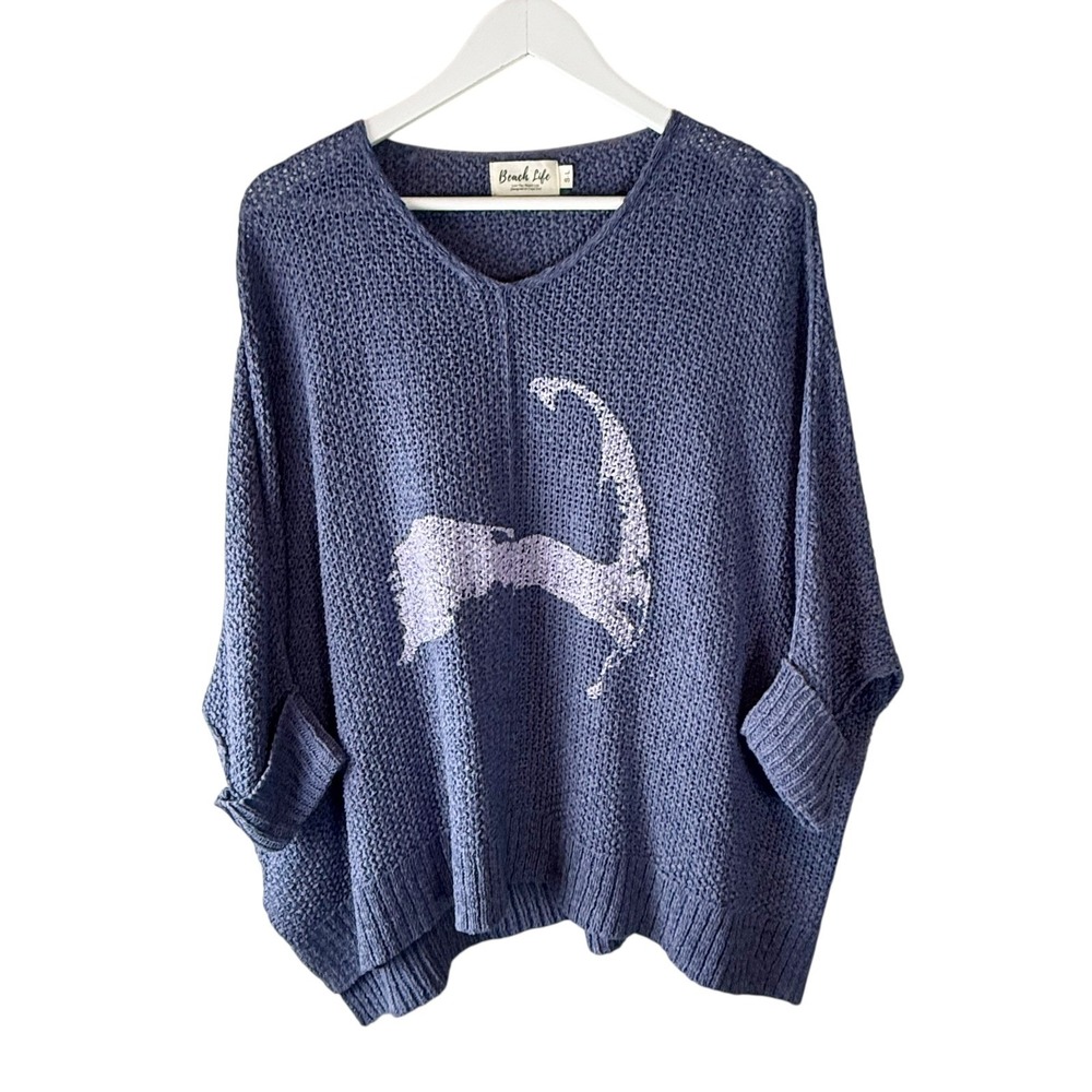 Beach Life Cape Cod Oversized Slouch Open Knit V-Neck Sweater Blue Women S-L